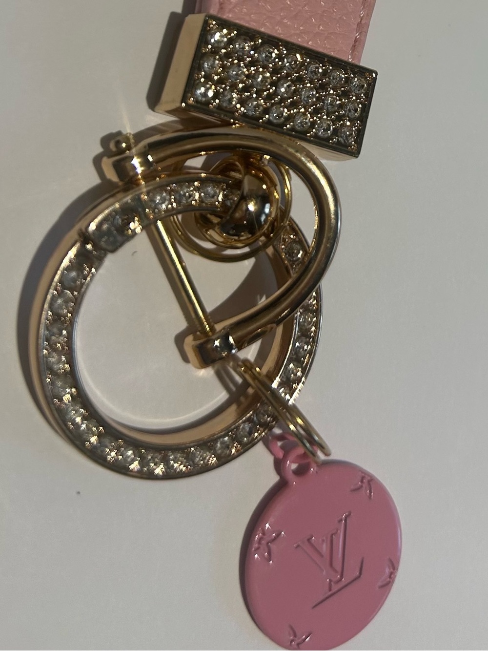 Louis Vuitton Pink Leather Medallion Key Charm with Gold Crystal Rings
